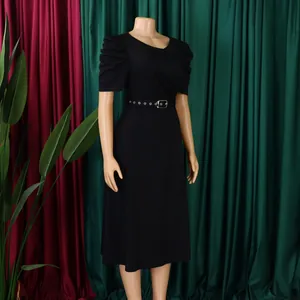 Elegant black V-neck midi dress featuring puffed sleeves and a stylish buckle belt.