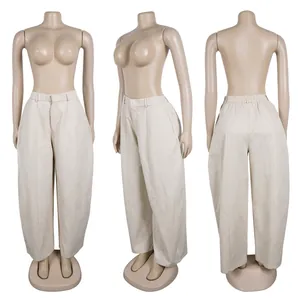 Three-way view of women's loose wide-leg beige commuting trousers on a mannequin.