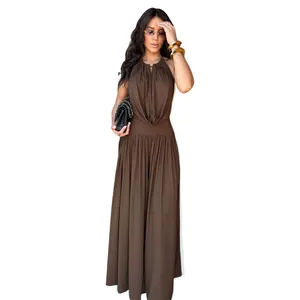 Elegant brown halter neck pleated wide-leg set featuring a flattering draped V-neck design
