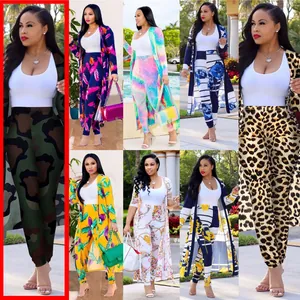 Collage showing various sexy printed cardigan and leggings sets in multiple vibrant patterns