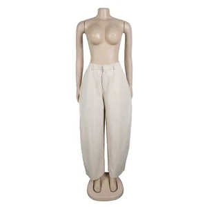 Professional view of loose wide-leg beige commute trousers on a female mannequin torso