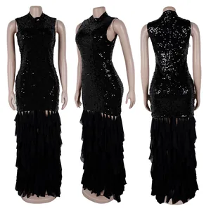 Multiple view angles of an elegant black sequined sleeveless dress with mesh ruffles