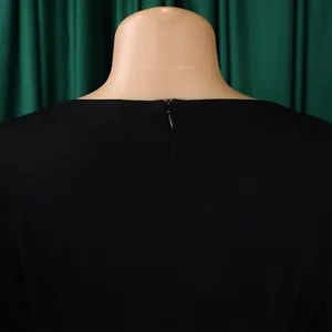 Detailed view of back zipper on an elegant black summer dress for women