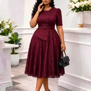 Elegant burgundy faux two-piece dress with lace patchwork and belted waist detail