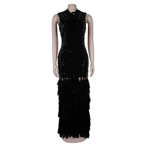 Elegant black sequin mesh patchwork evening dress shown on a full-body mannequin