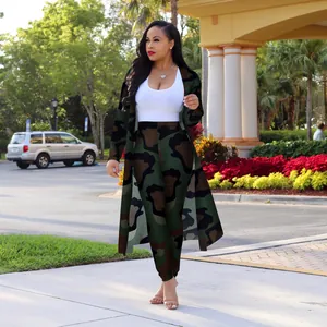 Stylish woman wearing camouflage print long cardigan and matching pants set outdoor