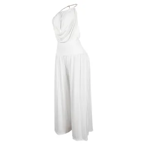 Elegant white two-piece set with halter neck draped top and flowy wide-leg trousers.