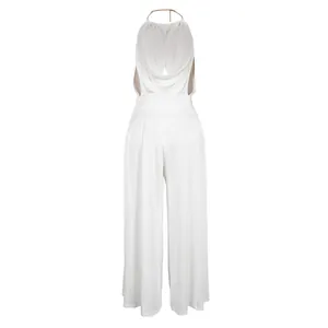 Back view of elegant white halter top and wide leg pants set with drape details