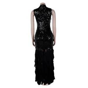 Elegant black sequined evening dress with ruffled mesh hem, back view detail for formal events