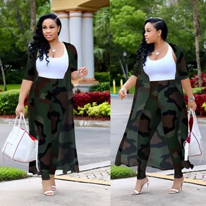 Stylish women's 3-piece sexy camouflage print set with long cardigan and matching leggings.