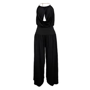 Elegant black halter V-neck pleated wide-leg jumpsuit two-piece set detail view