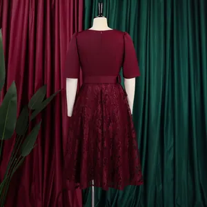 Detailed back view of a burgundy lace high-waisted socialite dress with short sleeves