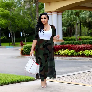 Model wearing a sexy camouflage print long cardigan and matching pants set outdoors
