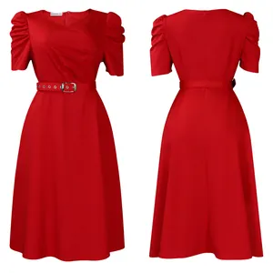 Elegant red summer swing dress with pleated V-neck and puff sleeves for women.