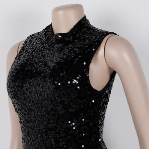 Detailed side view of an elegant black sequined sleeveless dress on a female mannequin