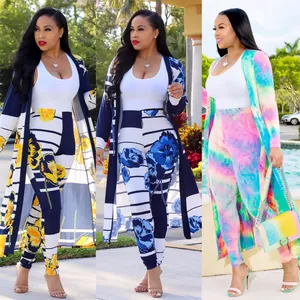 Trendy women's 3-piece sexy floral and tie-dye printed cardigan and legging set outfit
