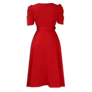 Elegant red midi dress back view featuring pleated puff sleeves and belted waist