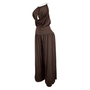 Elegant brown two-piece set featuring a draped halter neck top and wide-leg pants