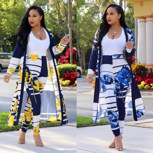 Sexy floral print long cardigan and matching leggings set in yellow and blue variants