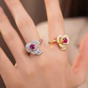 Luxury 14k gold plated flower open ring for women with sparkling red zircon center stone