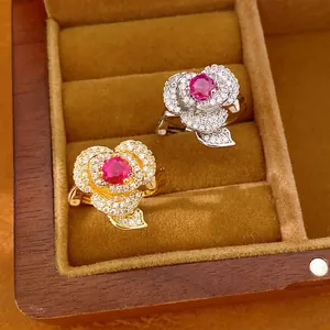Vintage flower open ring 14k gold plated with red zircon in velvet jewelry gift box