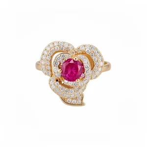 Elegant 14k gold plated floral ring featuring pink zirconia center and crystal accents