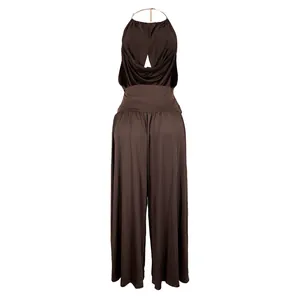 Elegant dark brown halter V-neck pleated top and flowing wide-leg trousers two-piece set