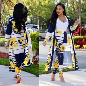 Detailed view of women's two-piece floral print long cardigan and matching leggings.