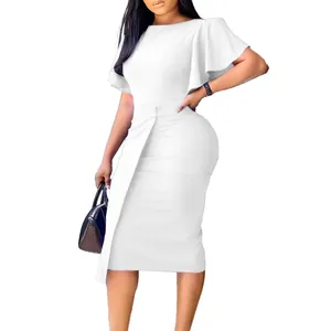 Detailed view of elegant white high-waist dress featuring ruffle sleeves and side slit