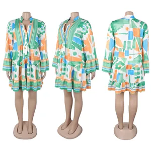 Full view of elegant loose floral print V-neck contrast mini dress in three angles