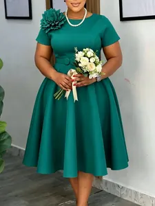 Dames Grote Maten Elegant Effen Kleur 3D Bloem Grote Zwaai Midi Jurk Zomer Korte Mouw Ronde Hals A-Lijn Jurk