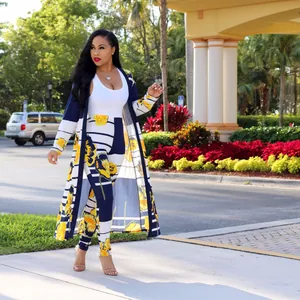 Fashionable floral print three-piece set featuring long cardigan and matching pants