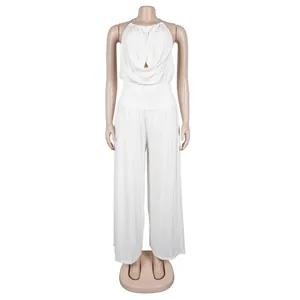 Elegant white two-piece set with halter neck pleated top and high-waist wide-leg pants