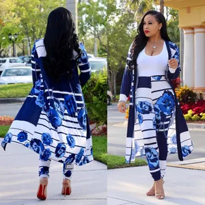 Detail view of a sexy blue floral print two-piece set with long cardigan and leggings