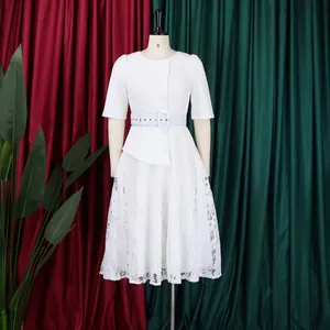 Elegant white lace patchwork fake two-piece dress featuring a stylish high-waisted belt.