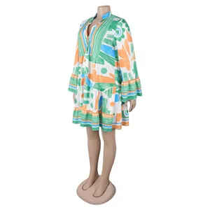 Detailed view of loose floral print V-neck mini dress with ruffled bell sleeves