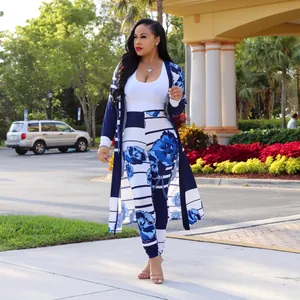 Full body view of elegant blue floral print cardigan and matching pants set worn by model