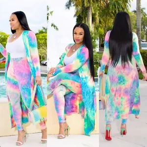 Detail view of colorful tie-dye long sleeve cardigan and leggings two-piece set