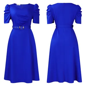 Front and back detail view of an elegant blue V-neck pleated dress with puff sleeves