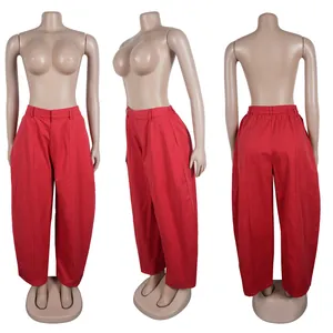 Red wide-leg casual pants showing front side and back views on mannequin