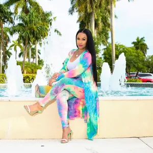 Vibrant tie-dye long sleeve cardigan and pants two-piece set for clubwear