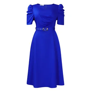 Elegant royal blue V-neck midi dress featuring chic puff sleeves and a waist-cinching belt