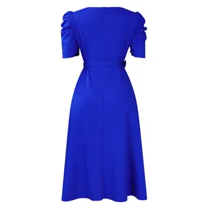 Elegant royal blue pleated midi dress back view with stylish puff sleeves and waist belt