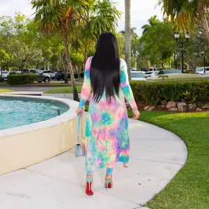 Back view of a vibrant tie-dye print long sleeve cardigan and pants two-piece set