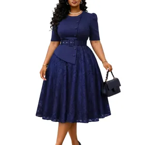 Elegant navy blue lace patchwork plus size dress featuring stylish belt and button details