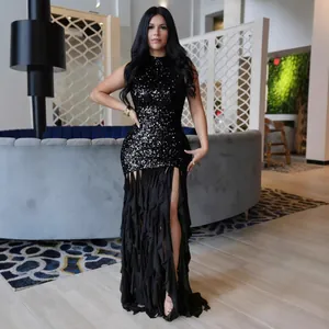 Elegant black sequin mesh patchwork maxi dress with high slit for evening gala