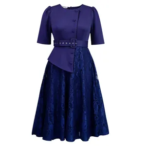 Elegant navy blue fake two-piece dress featuring puff sleeves lace skirt and matching belt
