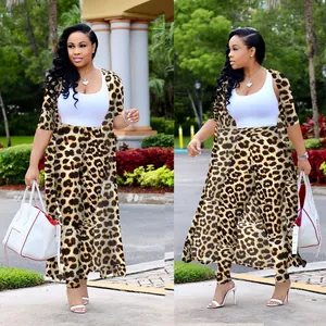 Full length view of women's sexy leopard print three-piece cardigan and leggings set