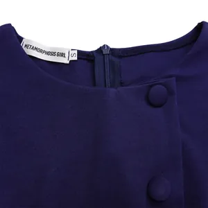 Close-up detail of an elegant purple dress neckline featuring a zipper and buttons