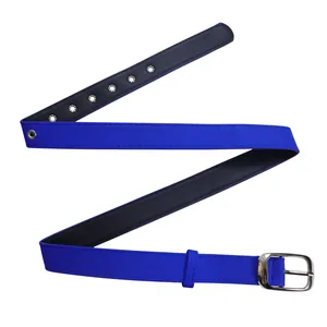 Detail view of a stylish bright blue woven fabric belt with a silver metal buckle and eyelets